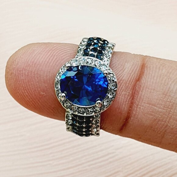💍 Royal Blue Oval Zircon Multi Row Elegant Silver Trendy Rings for Women… - Picture 10 of 10